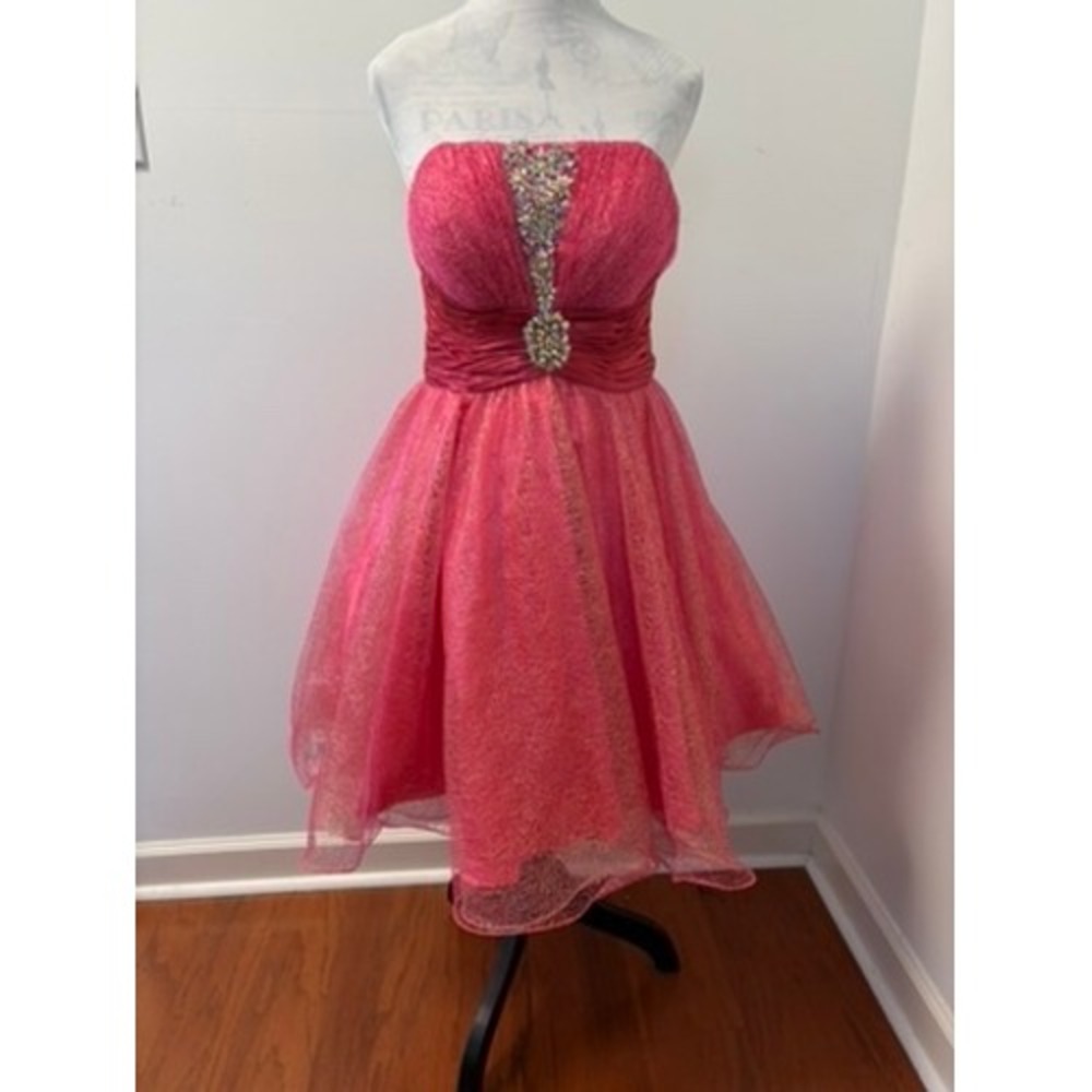 Riva Designs Pink Gold Metallic Strapless Rhinestone Prom Party Dress Size 12